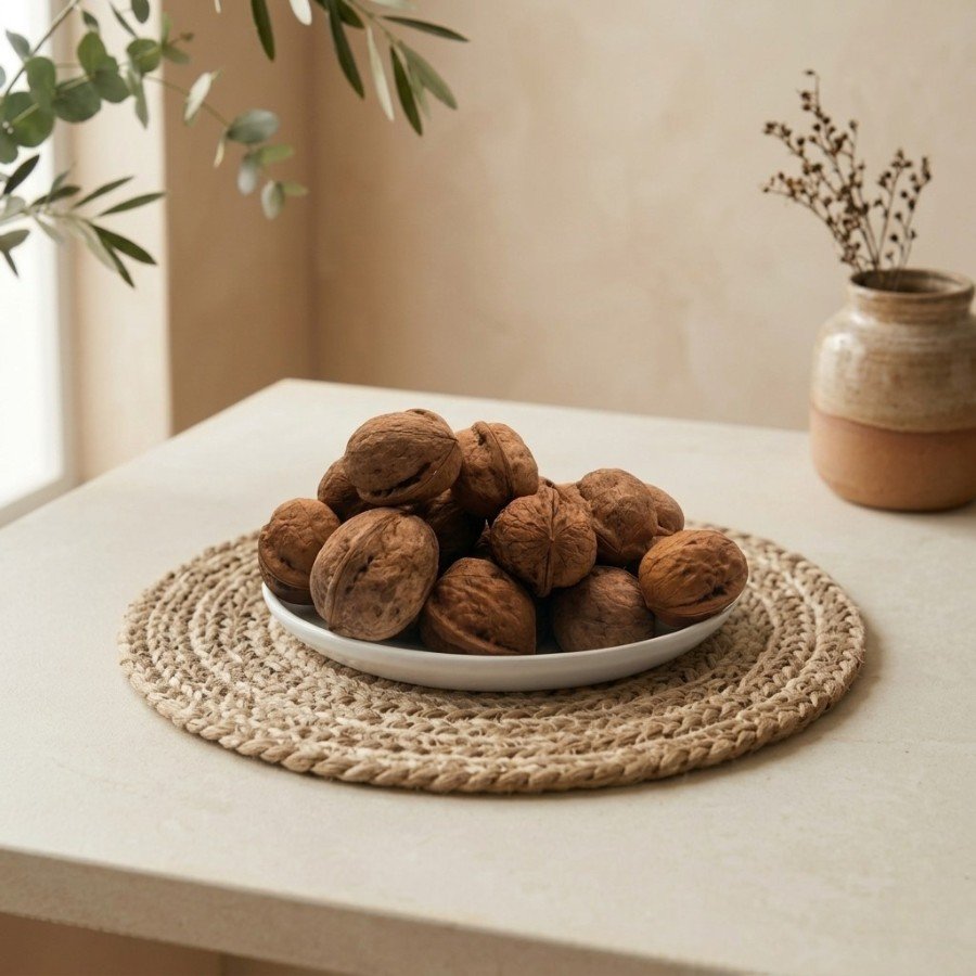 Side angle lifestyle view of natural kashmiri walnut with shell by Oasis Dry Fruits.