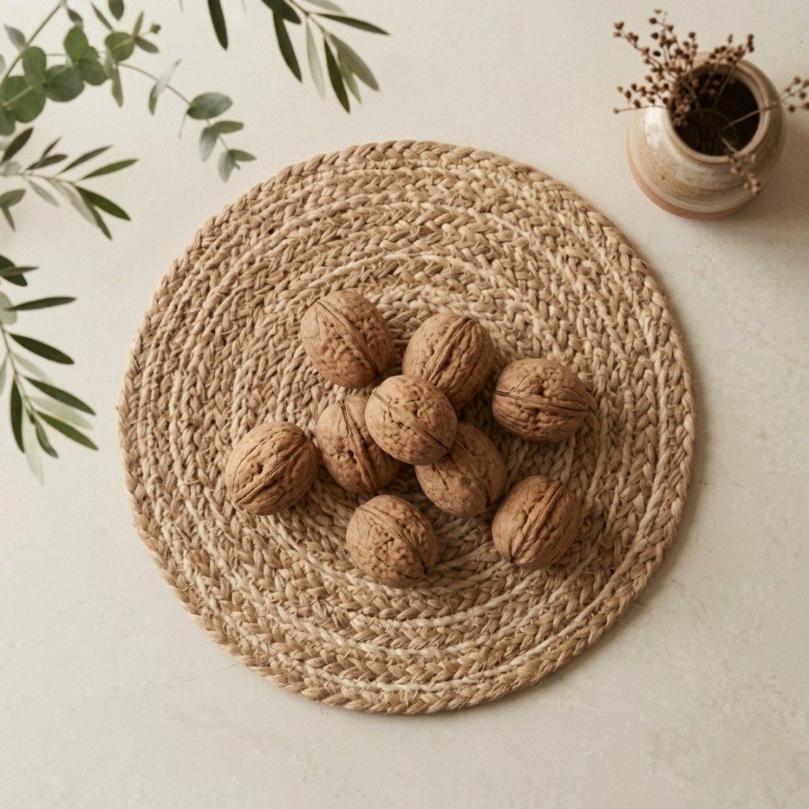 Top view flat lay of fresh kashmiri walnut with shell on a woven mat by Oasis Dry Fruits.
