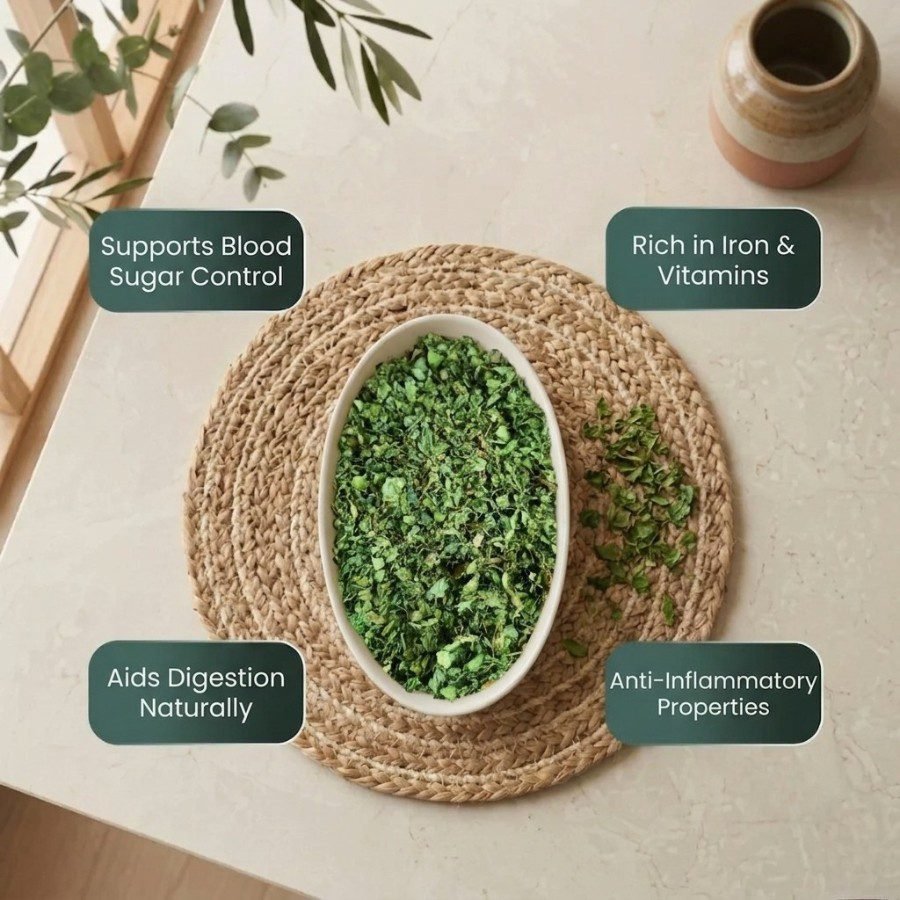 Infographic displaying health benefits of Kasuri Methi by Oasis Dry Fruits.