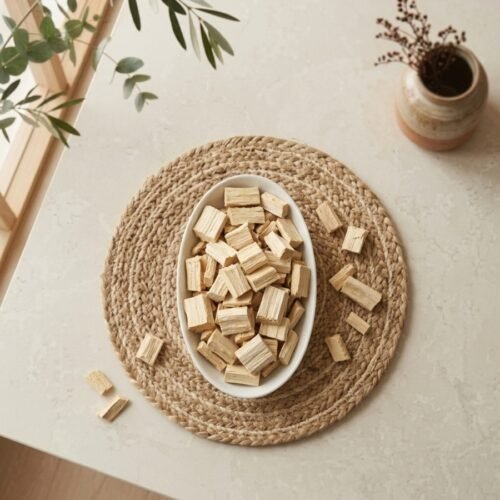 Top view flat lay of raw herbal kavasiya in a white oval bowl by Oasis Dry Fruits.