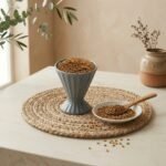 Golden organic methi seeds in a grey ceramic cup with wooden spoon by Oasis Dry Fruits.