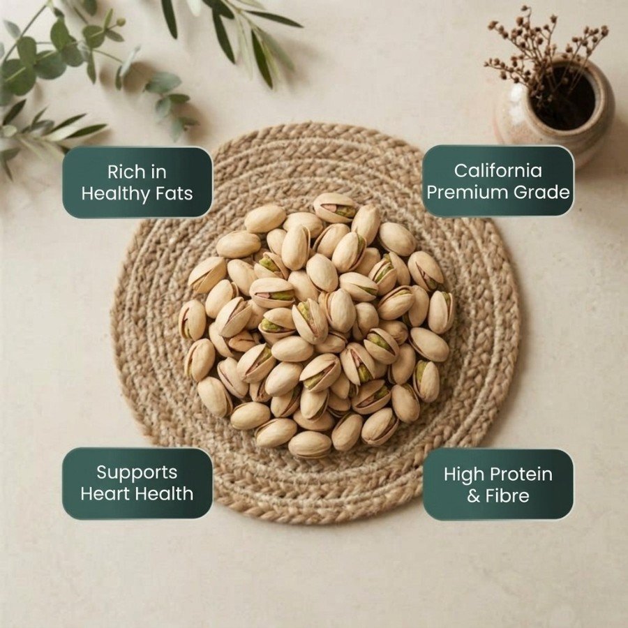 Infographic displaying health benefits of pista california by Oasis Dry Fruits.
