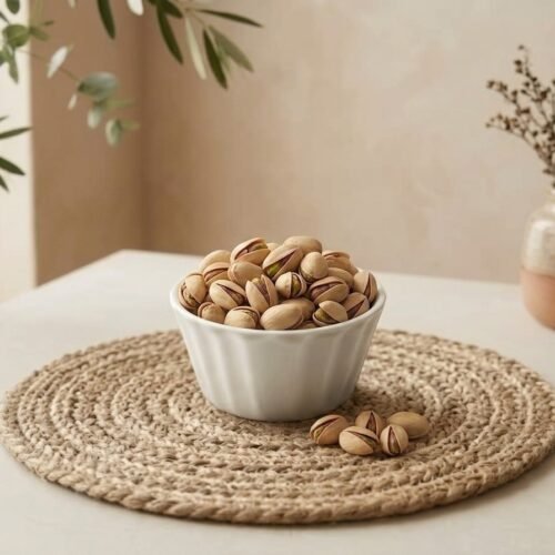 Large pista california pistachios served in a white ceramic bowl by Oasis Dry Fruits.