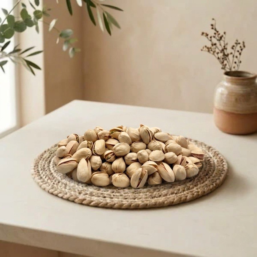 Side angle lifestyle shot of fresh pista california pistachios by Oasis Dry Fruits.