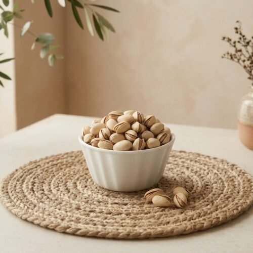 Roasted pista california pistachios in a white ceramic bowl by Oasis Dry Fruits.