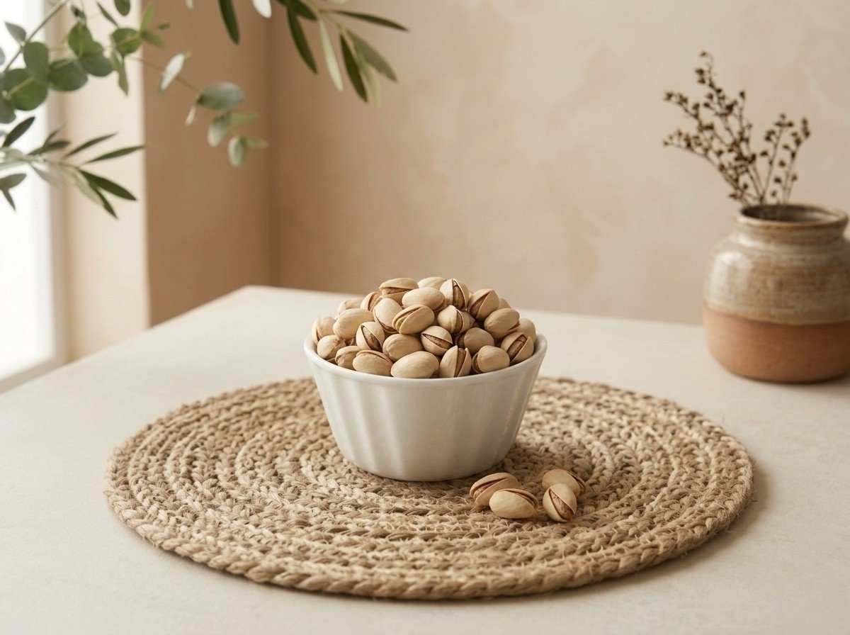Roasted pista california pistachios in a white ceramic bowl by Oasis Dry Fruits.