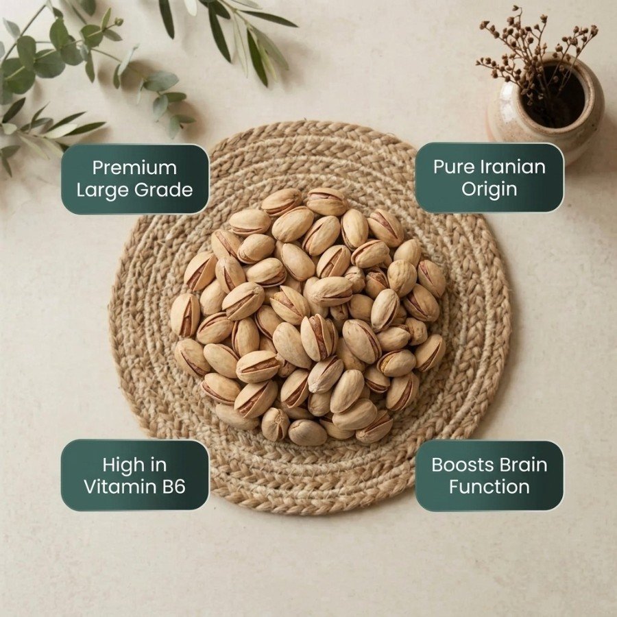 Infographic displaying health benefits of pista iran large by Oasis Dry Fruits.
