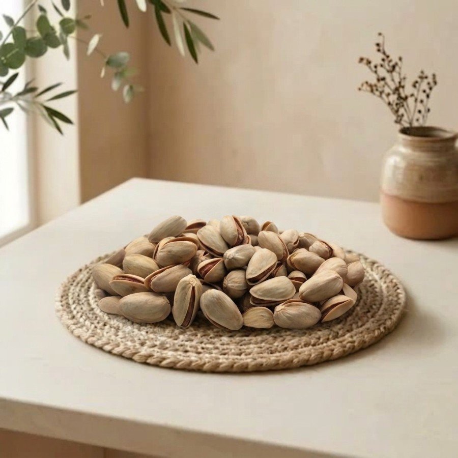 Side angle lifestyle shot of fresh pista iran large pistachios by Oasis Dry Fruits.