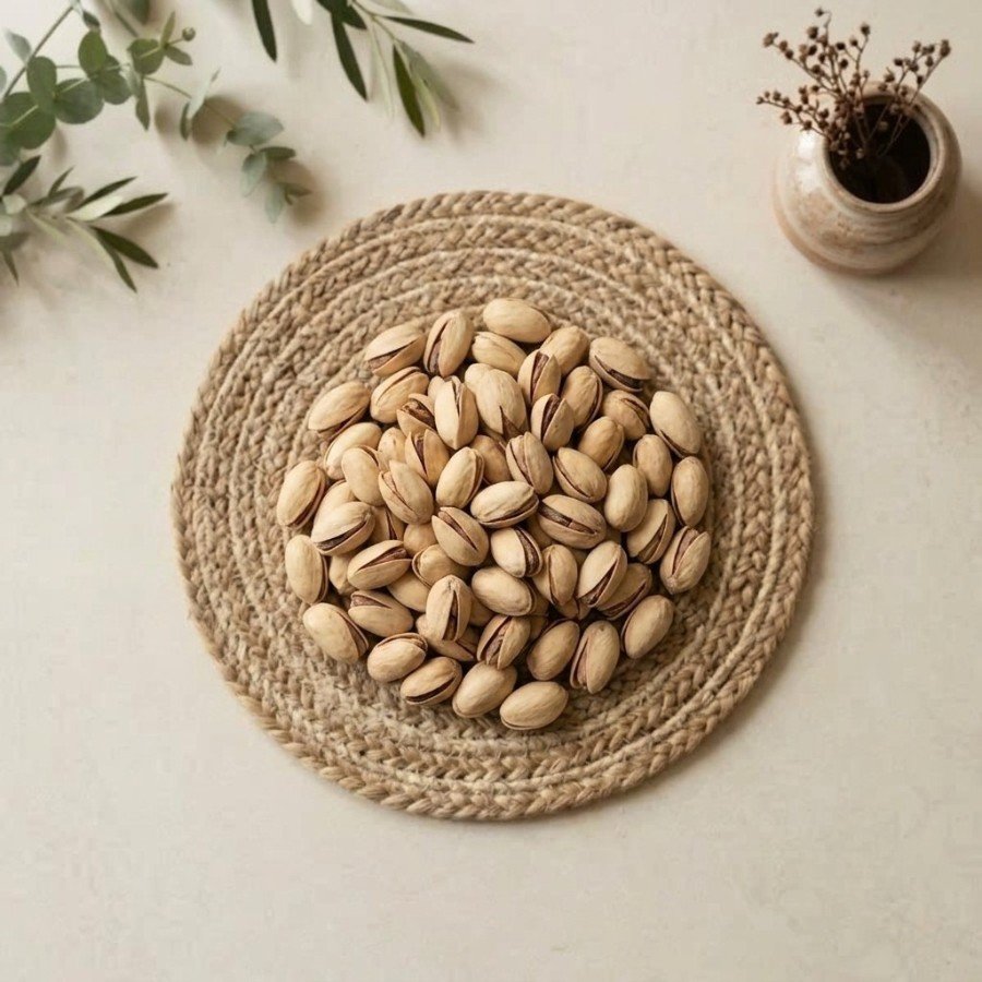 Top view flat lay of premium pista iran large pistachios on a mat by Oasis Dry Fruits.