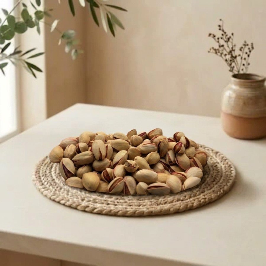 Side angle lifestyle shot of fresh pista iran pistachios by Oasis Dry Fruits.