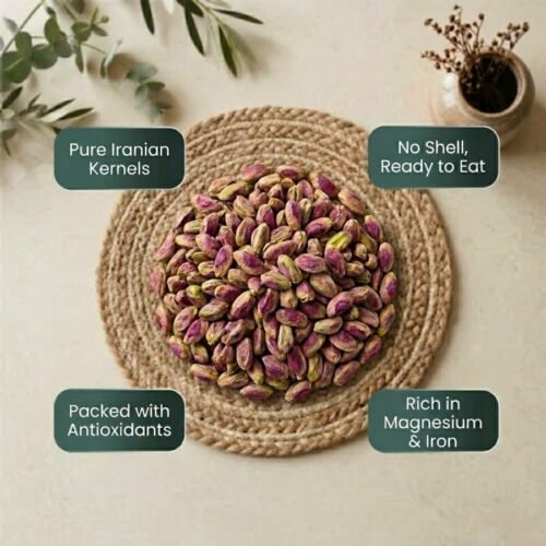 Infographic displaying health benefits of pista kernels iran by Oasis Dry Fruits.