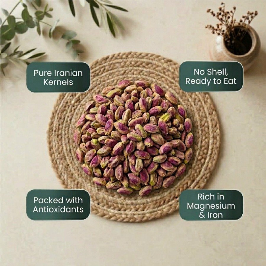Infographic displaying health benefits of pista kernels iran by Oasis Dry Fruits.