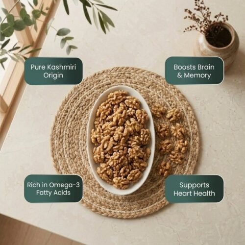 Infographic displaying benefits of Premium Kashmiri walnut without shell by Oasis Dry Fruits.