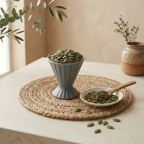 Raw organic pumpkin seeds filled in a grey ceramic cup by Oasis Dry Fruits.