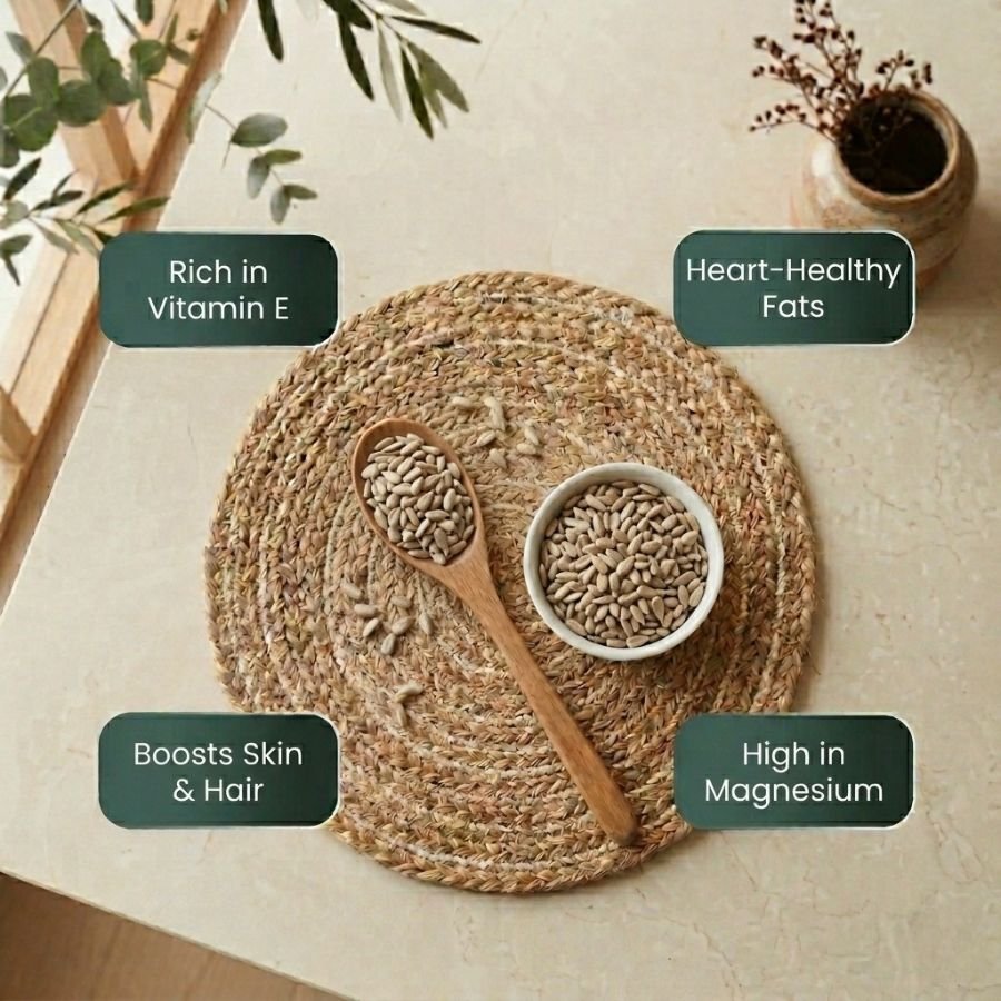 Infographic displaying health and nutrition benefits of sunflower seeds by Oasis Dry Fruits.
