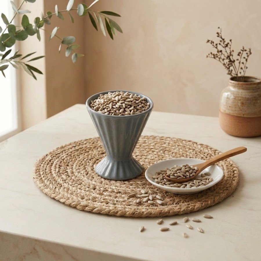 Raw organic sunflower seeds filled in a grey ceramic cup by Oasis Dry Fruits.