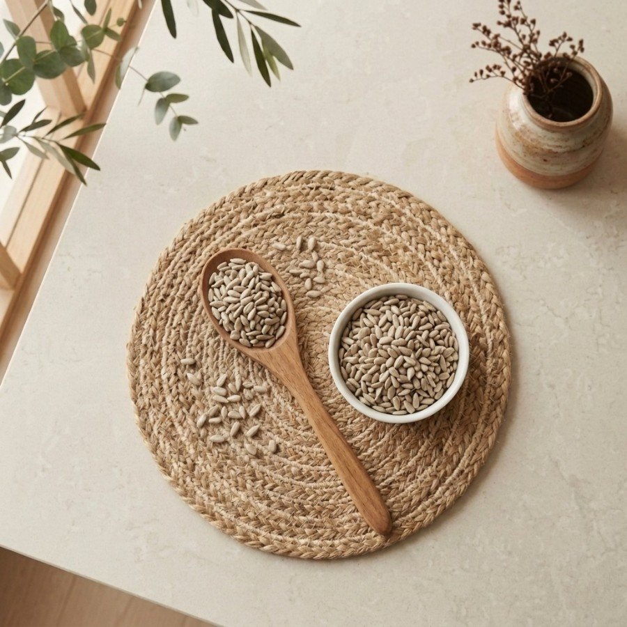 Top view flat lay of shelled sunflower seeds in a bowl with spoon by Oasis Dry Fruits.