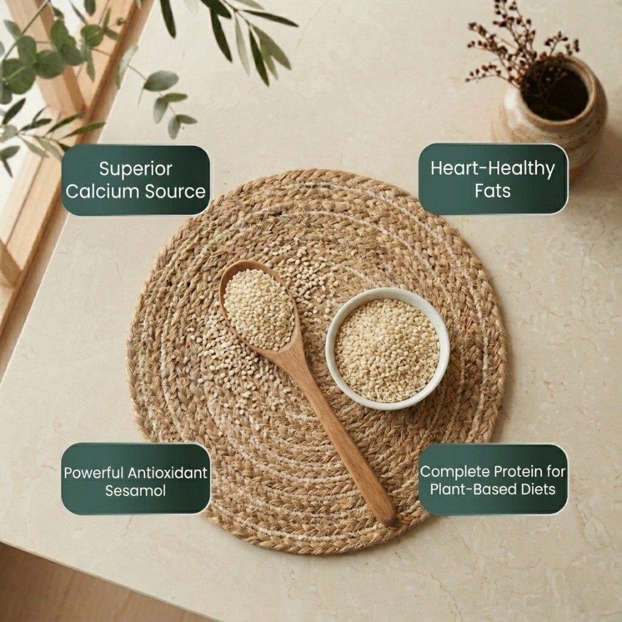 Infographic displaying health and nutrition benefits of white sesame seeds by Oasis Dry Fruits.
