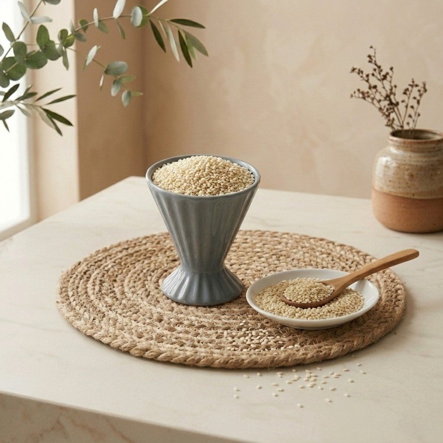 Natural white sesame seeds filled in a grey ceramic cup by Oasis Dry Fruits.