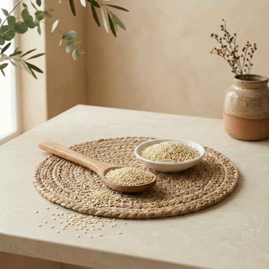 Side angle lifestyle view of organic white sesame seeds in a bowl by Oasis Dry Fruits.