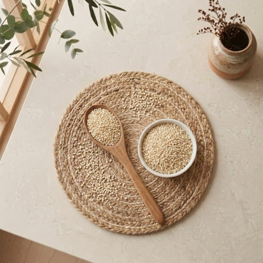Top view flat lay of raw white sesame seeds in a bowl with spoon by Oasis Dry Fruits.