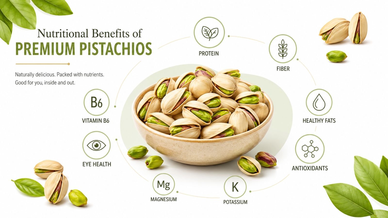 Premium pistachio nutrition infographic with bowl, healthy icons, clean white background, modern design.