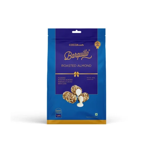 Blue packaging of COCOA Melts Roasted Almond chocolate displaying 100g weight and product details