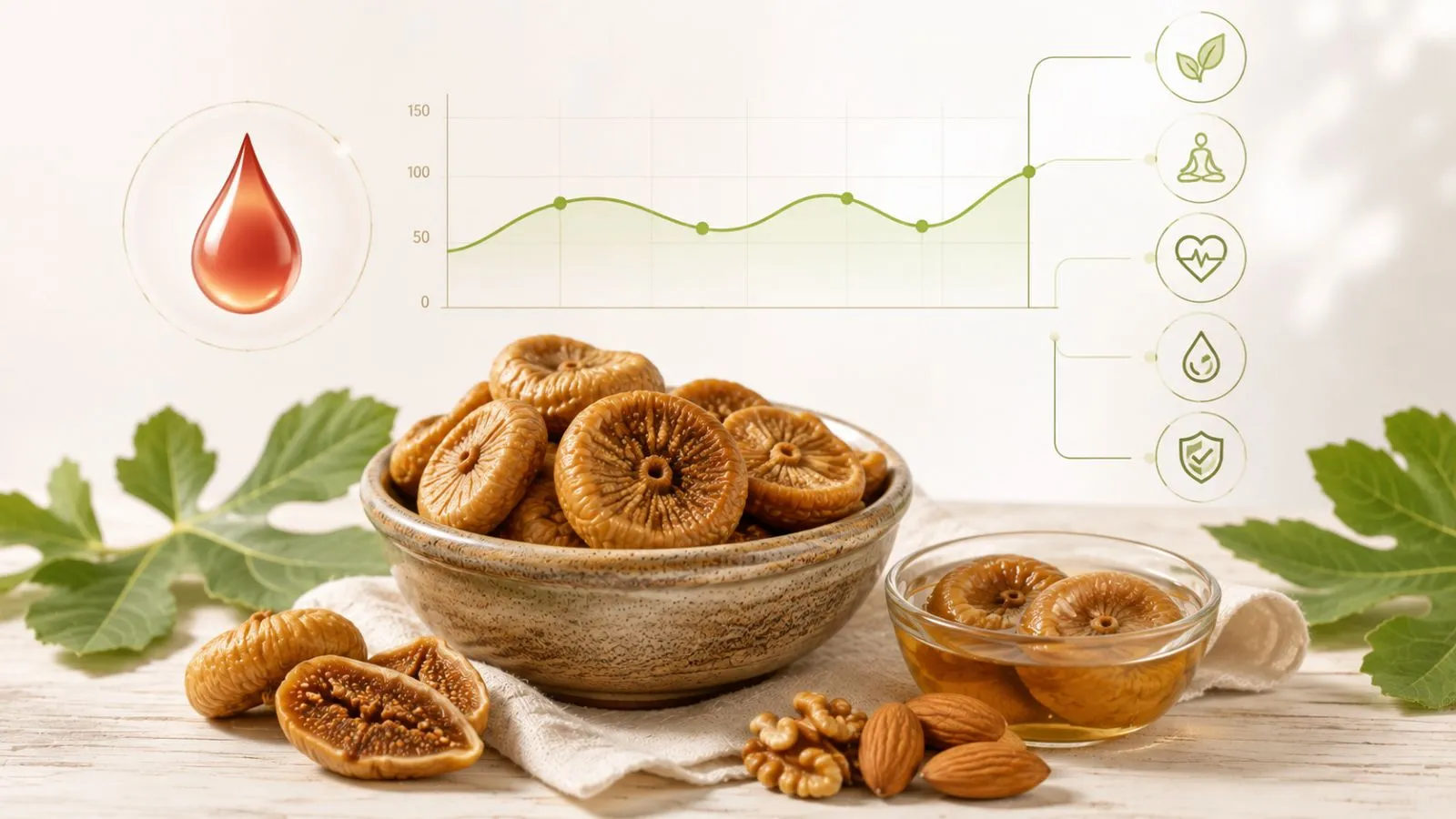 Dried anjeer with soaked figs, almonds, and walnuts supporting healthy blood sugar balance.