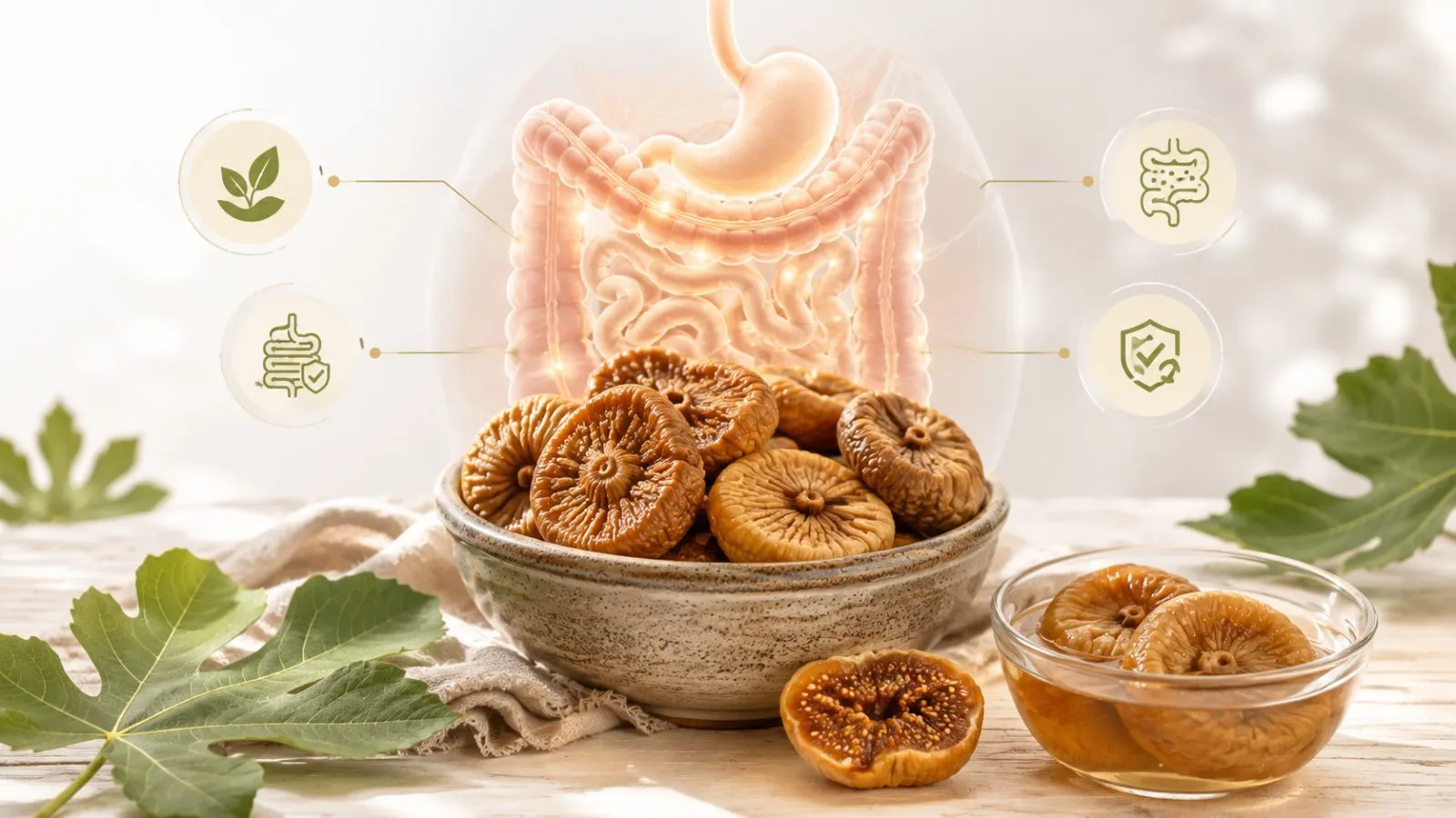 Dried anjeer with soaked figs illustrating fiber-rich nutrition for healthy digestion and gut health.