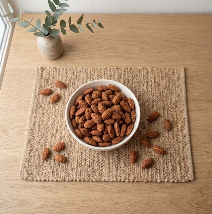 Top view flat lay of premium Almonds Flavored (Mexican Chilli) in a white dish by Oasis Dry Fruits.