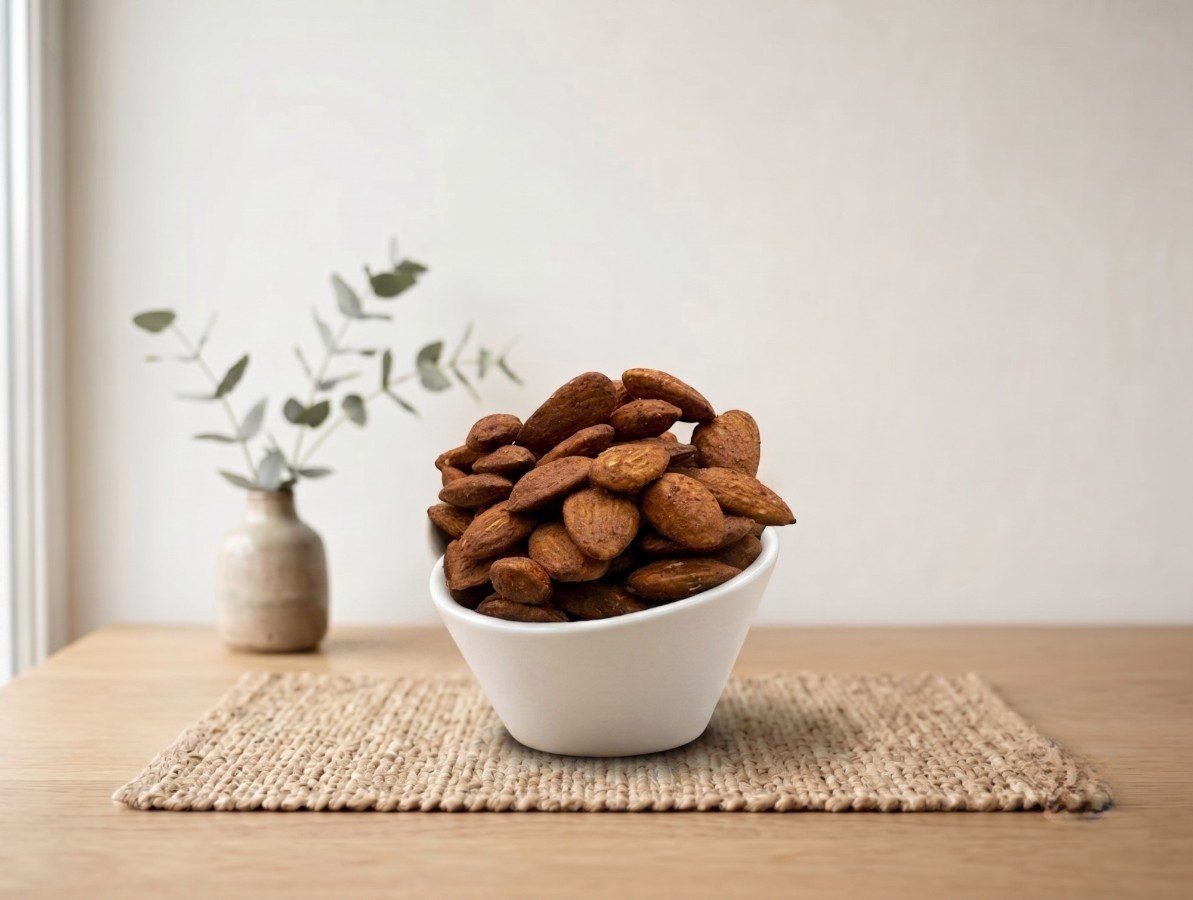 Side angle lifestyle shot of spicy Almonds Flavored (Mexican Chilli) in a white bowl by Oasis Dry Fruits.