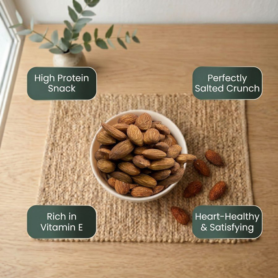 Infographic displaying health benefits of gourmet Almonds Flavored (Mexican Chilli) by Oasis Dry Fruits.