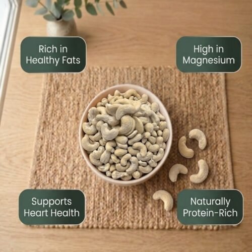Infographic displaying health benefits of gourmet Cashew Flavored (Salted) by Oasis Dry Fruits.