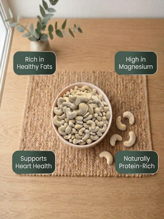 Infographic displaying health benefits of gourmet Cashew Flavored (Salted) by Oasis Dry Fruits.