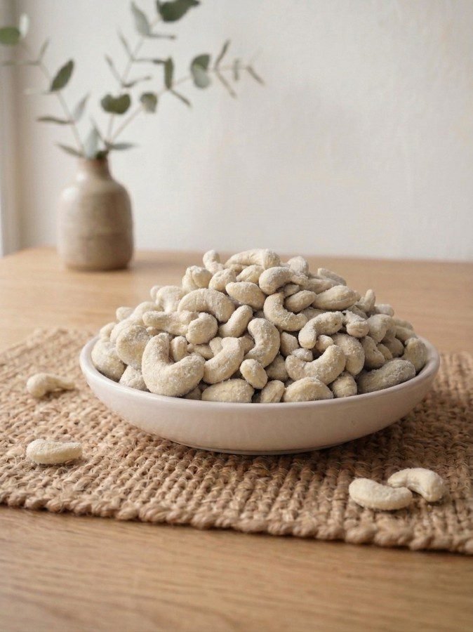 Side angle shot of a mound of savory Cashew Flavored (Salted) served by Oasis Dry Fruits.