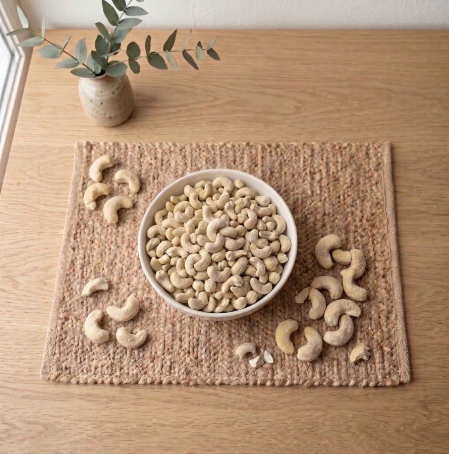 Top view flat lay of premium Cashew Flavored (Salted) in a white dish by Oasis Dry Fruits.