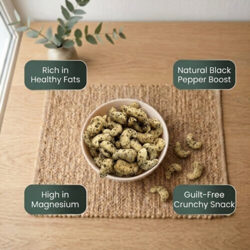 Infographic displaying health benefits of gourmet Cashews Flavored (Black Pepper) by Oasis Dry Fruits.