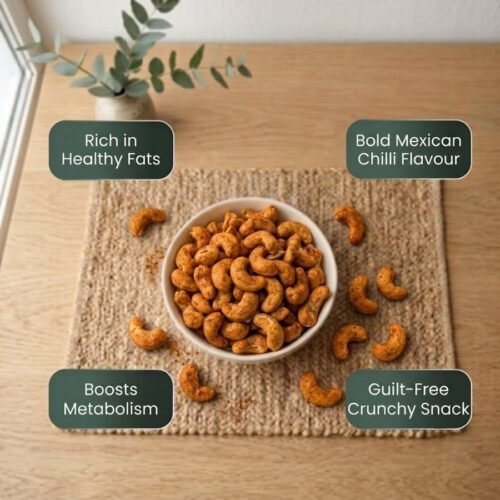 Infographic displaying health benefits of gourmet Cashews Flavored (Mexican Chilli) by Oasis Dry Fruits.