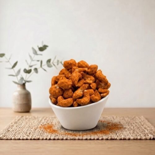Side angle lifestyle shot of spicy Cashews Flavored (Mexican Chilli) in a white bowl by Oasis Dry Fruits.
