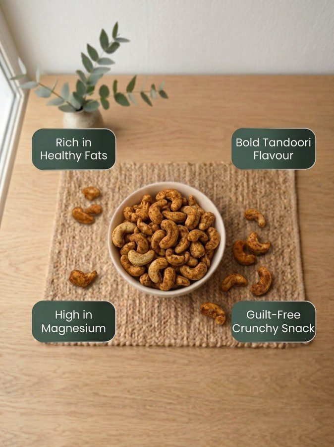 Infographic displaying health benefits of gourmet Cashews Flavored (Tandoori) by Oasis Dry Fruits.