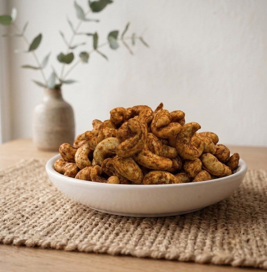 Side angle shot of a mound of crispy Cashews Flavored (Tandoori) served by Oasis Dry Fruits.
