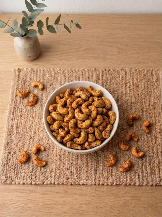 Top view flat lay of premium Cashews Flavored (Tandoori) in a white dish by Oasis Dry Fruits.