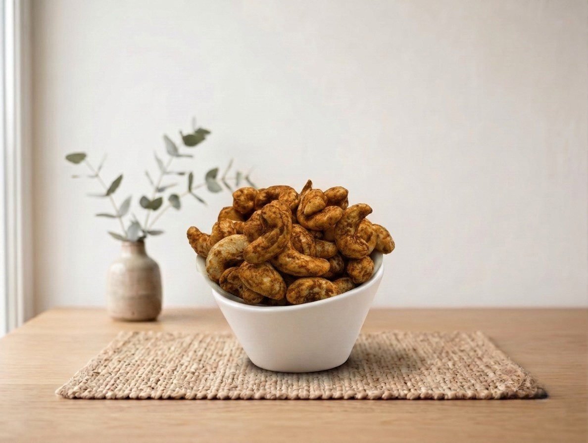 Side angle lifestyle shot of flavorful Cashews Flavored (Tandoori) in a white bowl by Oasis Dry Fruits.
