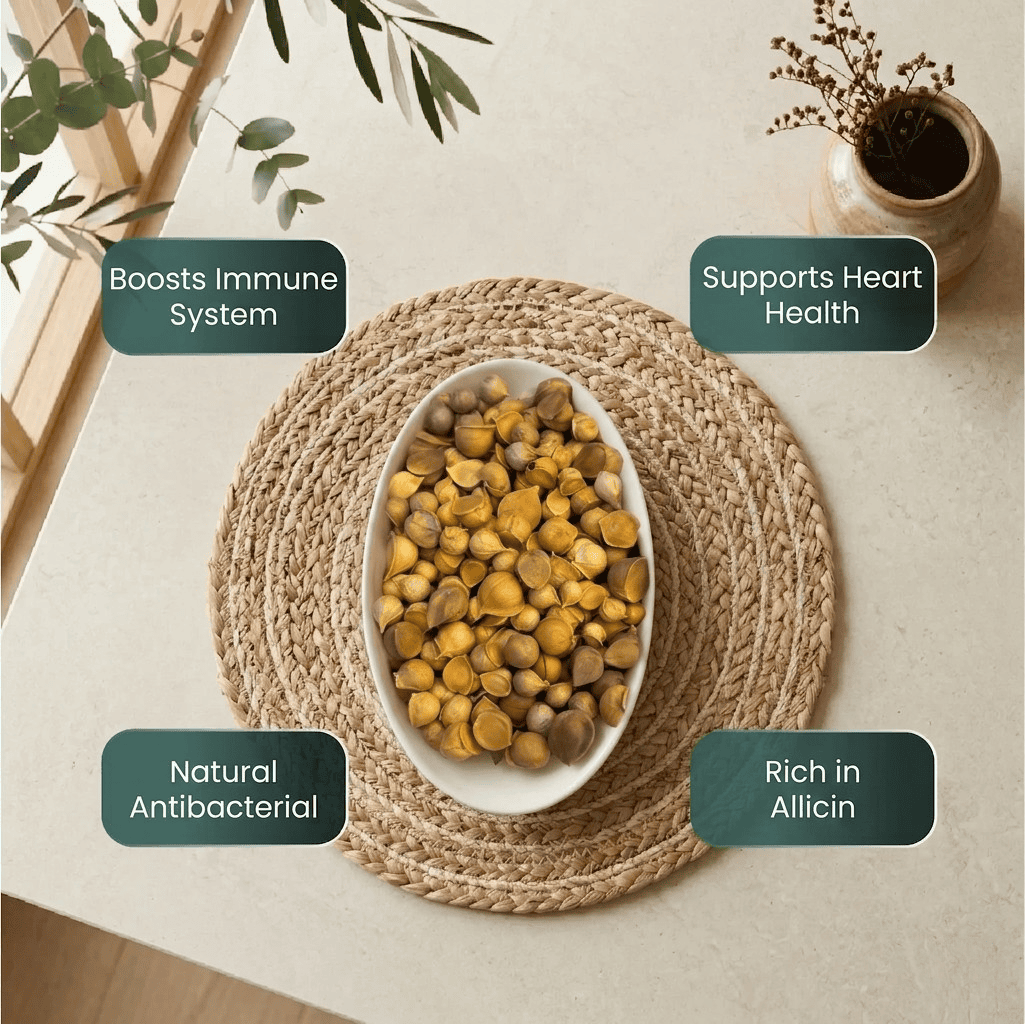 Infographic displaying health benefits of Kashmiri Mountain Garlic by Oasis Dry Fruits