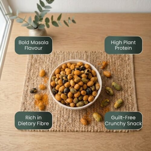 Infographic displaying health benefits of spicy Masala Protein Beans by Oasis Dry Fruits.