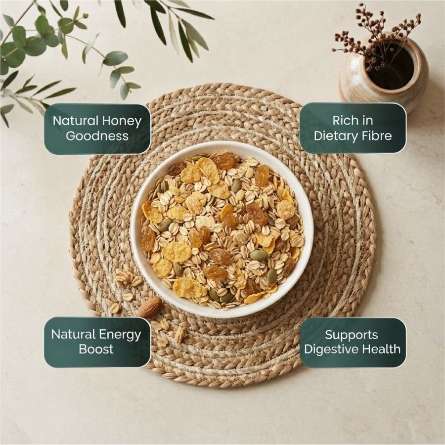 Infographic displaying health benefits of nutritious Muesli Honey by Oasis Dry Fruits.