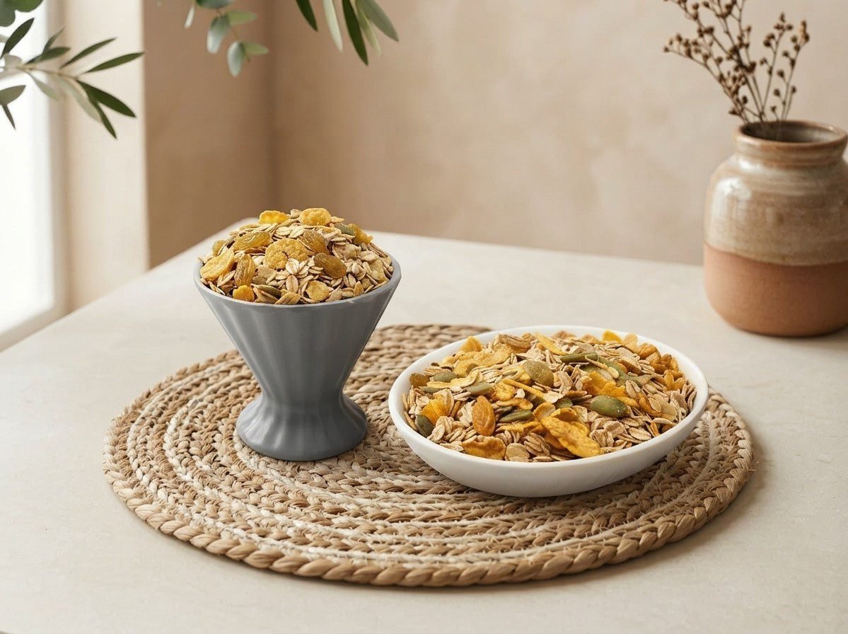 Side angle lifestyle shot of crunchy Muesli Honey served in dual bowls by Oasis Dry Fruits.