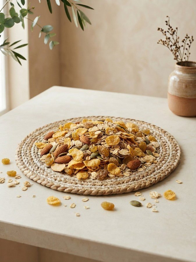 Side angle shot of a delicious spread mound of Muesli Honey by Oasis Dry Fruits.