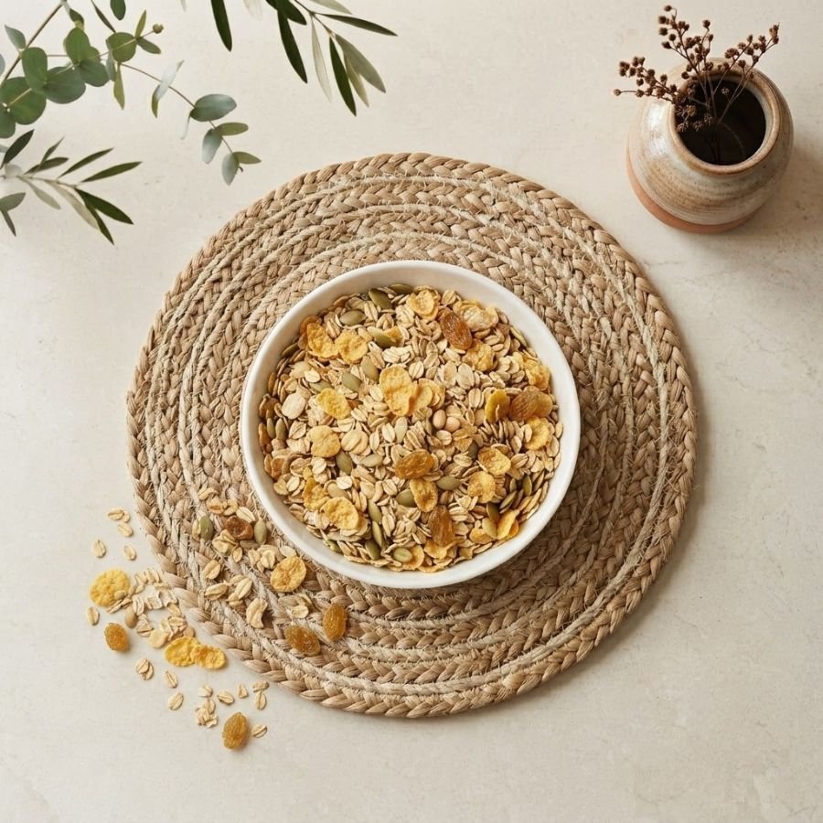 Top view flat lay of wholesome Muesli Honey in a white bowl on a placemat by Oasis Dry Fruits.