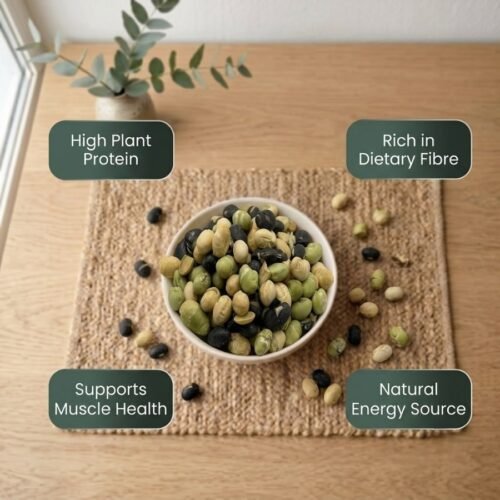 Infographic displaying health benefits of natural Protein Beans by Oasis Dry Fruits.